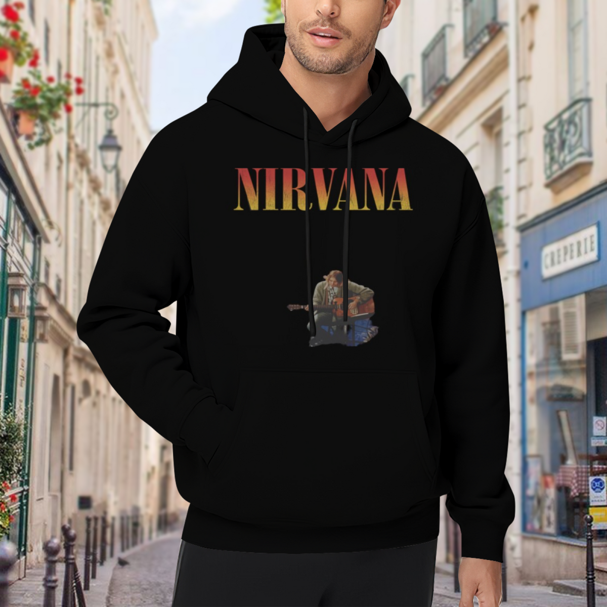 Nirvana Acoustic Guitar Photo Hoodie, product listing image of the acoustic guitar, up close graphic