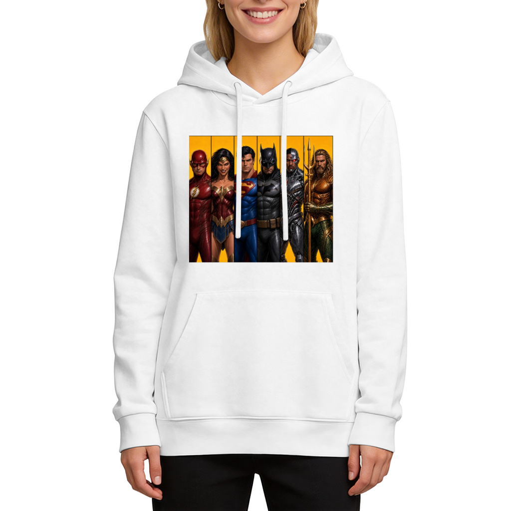 Front-facing model wearing a women's hoodie decorated with costumed figures arranged side by side in separate portrait panels