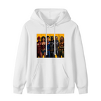 Costumed figures arranged side by side in separate portrait panels shown on the front of a women's hoodie in a standalone product shot