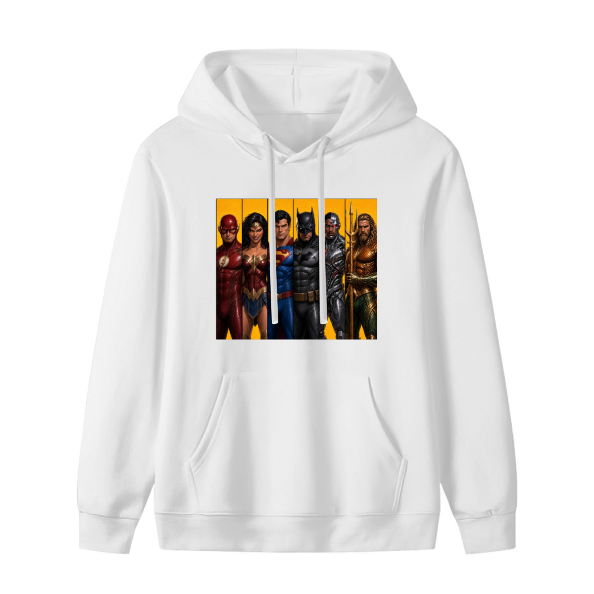 Costumed figures arranged side by side in separate portrait panels shown on the front of a women's hoodie in a standalone product shot