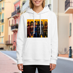 Outdoor photograph of a model in a women's hoodie bearing costumed figures arranged side by side in separate portrait panels