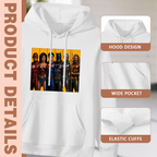Hood, pouch pocket and sleeve-cuff detail images accompanying the women's Faces in Warm-Toned Panels hoodie