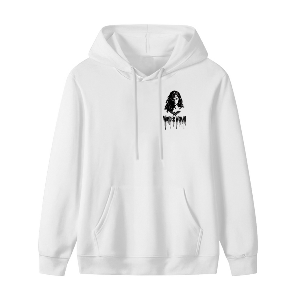 Unworn women's hoodie, front view of the design depicting a compact warrior silhouette in an ink-like style with lettering