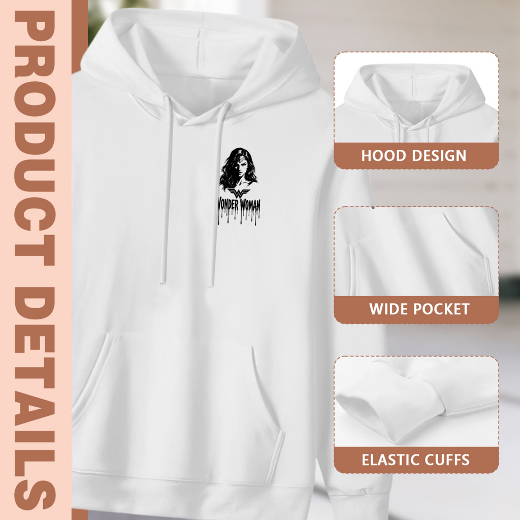 Garment and inset detail views for the women's Spare Warrior Chest Mark hoodie, highlighting the hood, pocket opening and cuffs