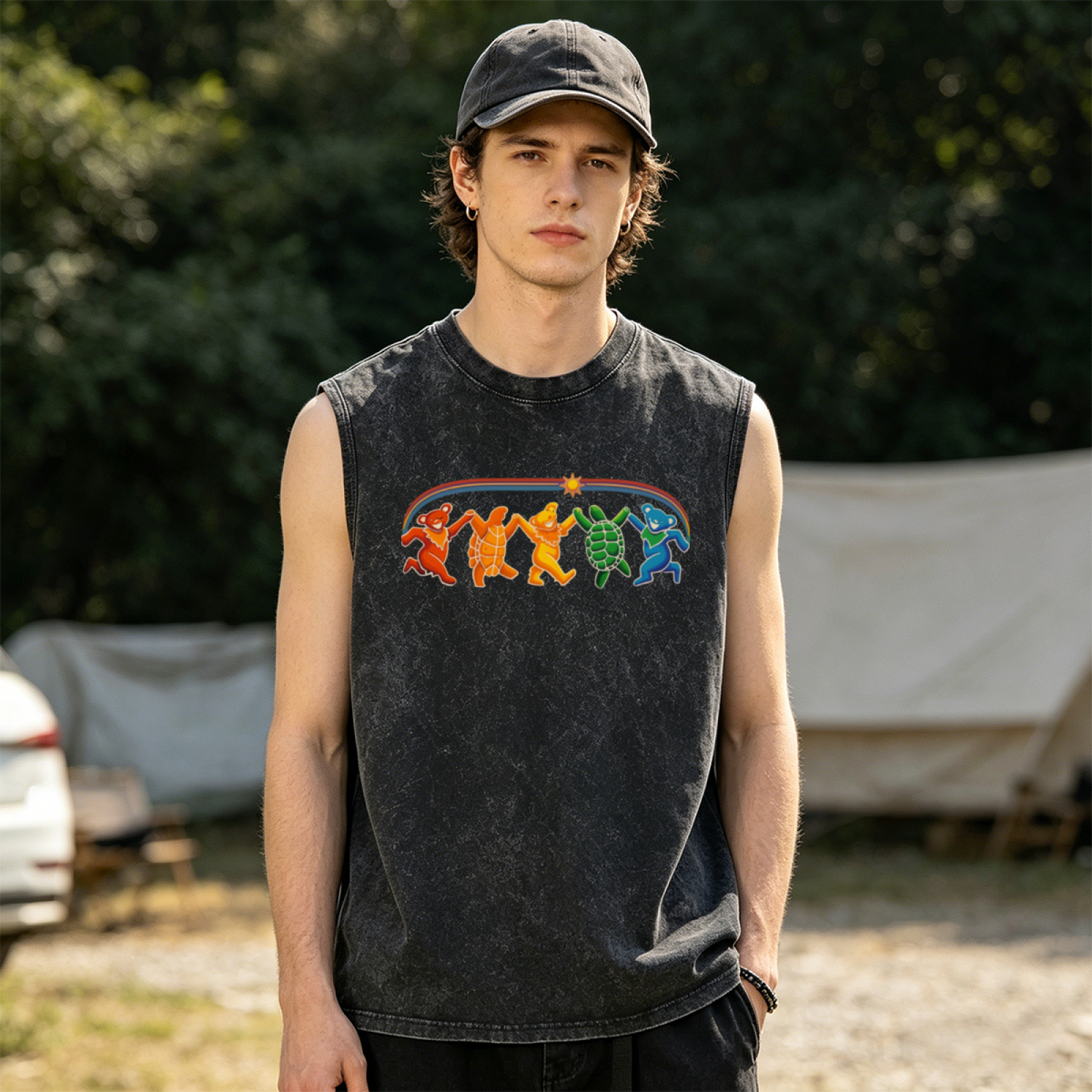 Grateful Dead washed graphic tank top with Rainbow Critters graphic