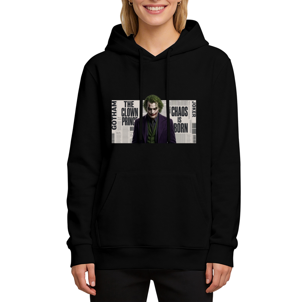 A suited clown portrait against a newspaper-style text collage printed on a women's hoodie, shown in a front model photo