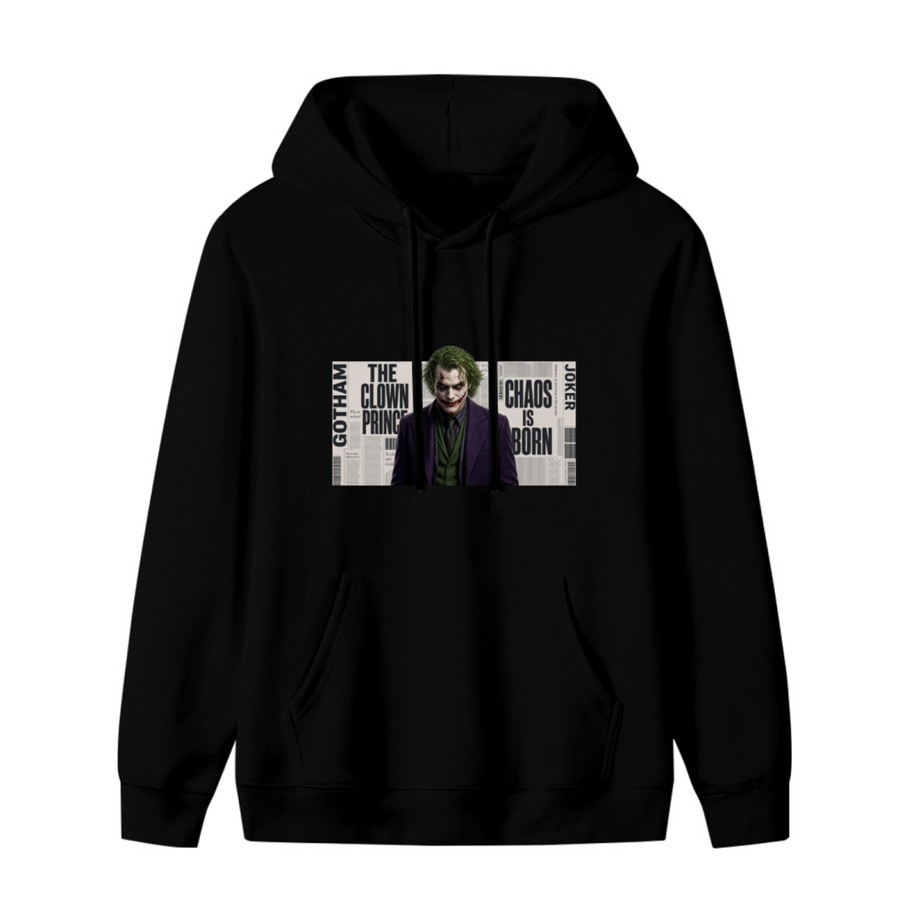 Unworn women's hoodie, front view of the design depicting a suited clown portrait against a newspaper-style text collage