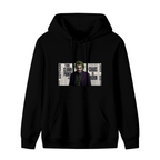 Unworn women's hoodie, front view of the design depicting a suited clown portrait against a newspaper-style text collage