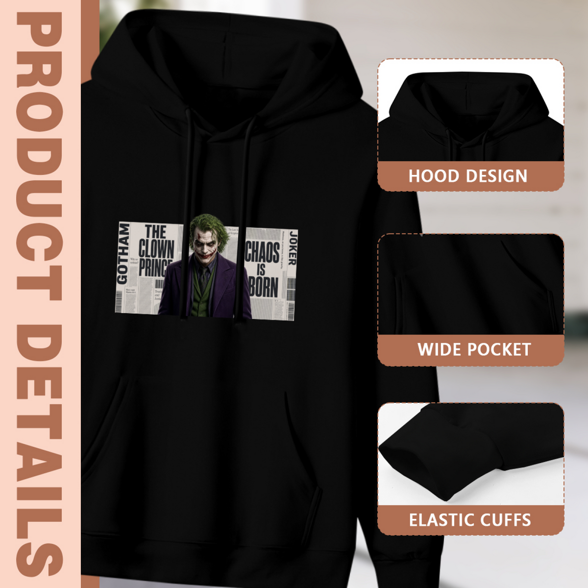 Garment and inset detail views for the women's A Dark Face in the News hoodie, highlighting the hood, pocket opening and cuffs