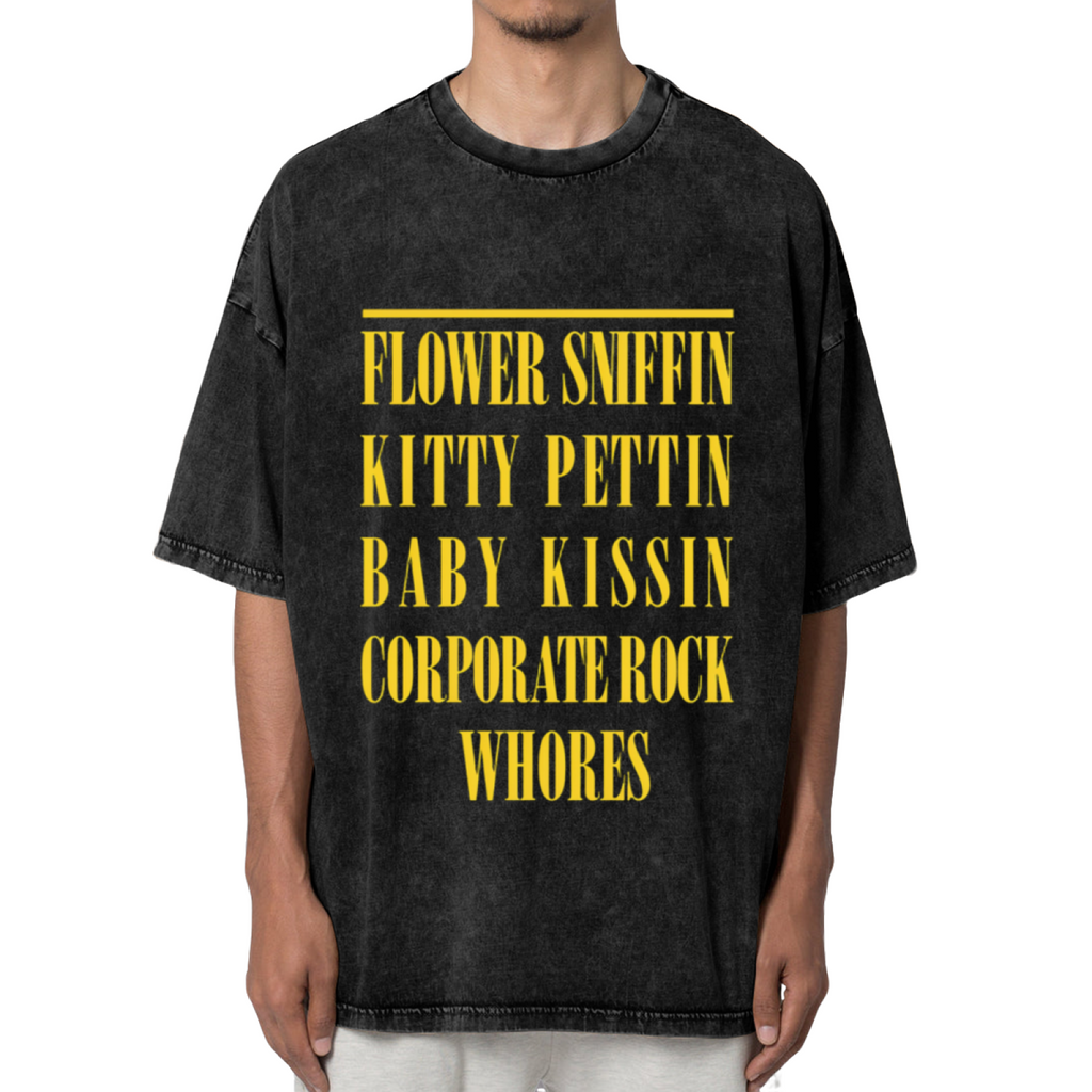 Nirvana Flower Sniffin Washed Graphic Tee in Black, product image showing the Flower Sniffin Kitty Pettin wording associated with a Corporate Rock quote design.