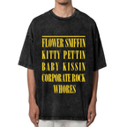 Nirvana Flower Sniffin Washed Graphic Tee in Black, product image showing the Flower Sniffin Kitty Pettin wording associated with a Corporate Rock quote design.