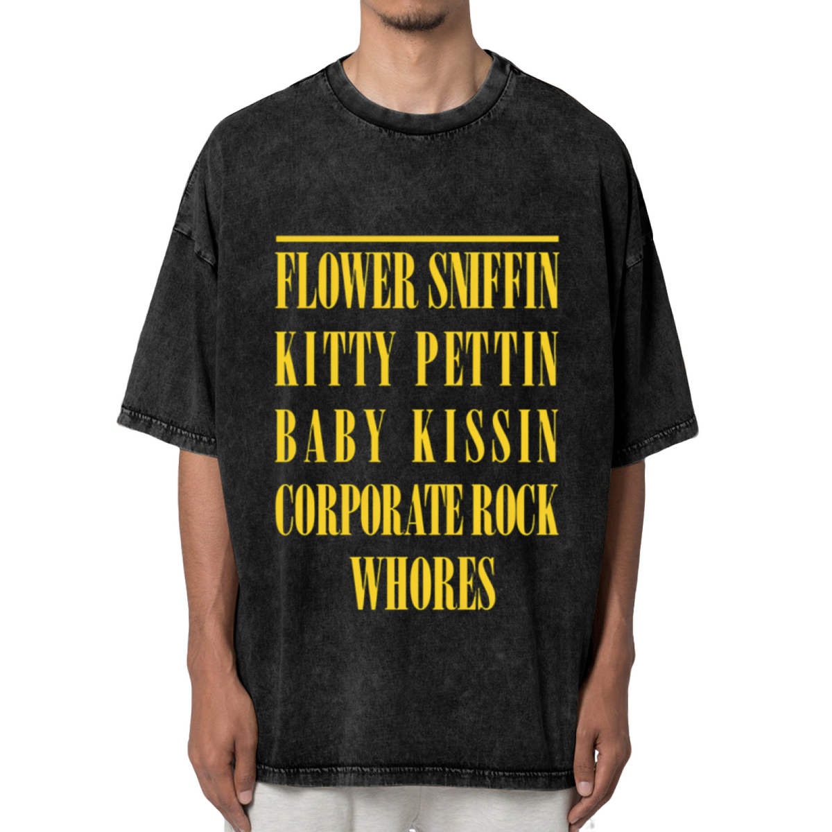 Nirvana Flower Sniffin Washed Graphic Tee in Black, product image showing the Flower Sniffin Kitty Pettin wording associated with a Corporate Rock quote design.
