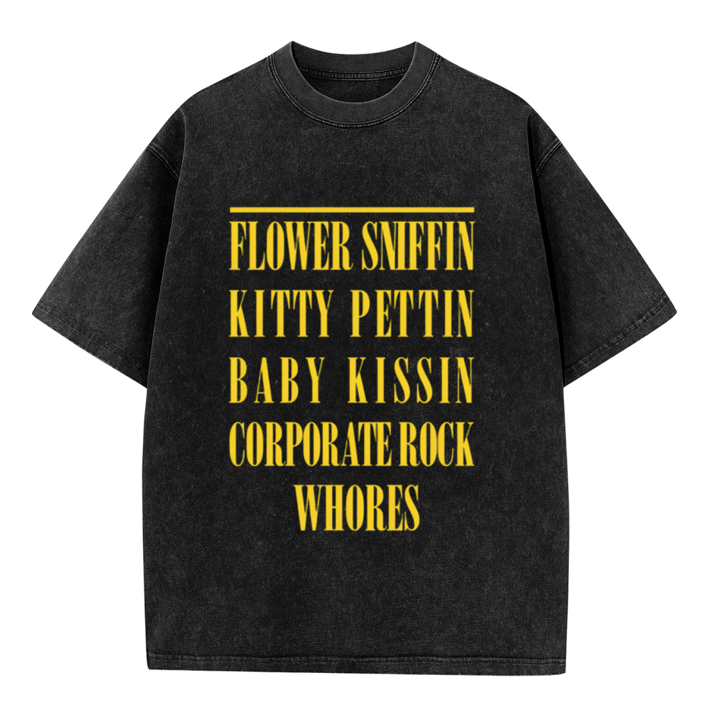 Nirvana Flower Sniffin Washed Graphic Tee in Black, product image showing the Flower Sniffin Kitty Pettin wording associated with a Corporate Rock quote design.
