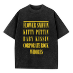 Nirvana Flower Sniffin Washed Graphic Tee in Black, product image showing the Flower Sniffin Kitty Pettin wording associated with a Corporate Rock quote design.