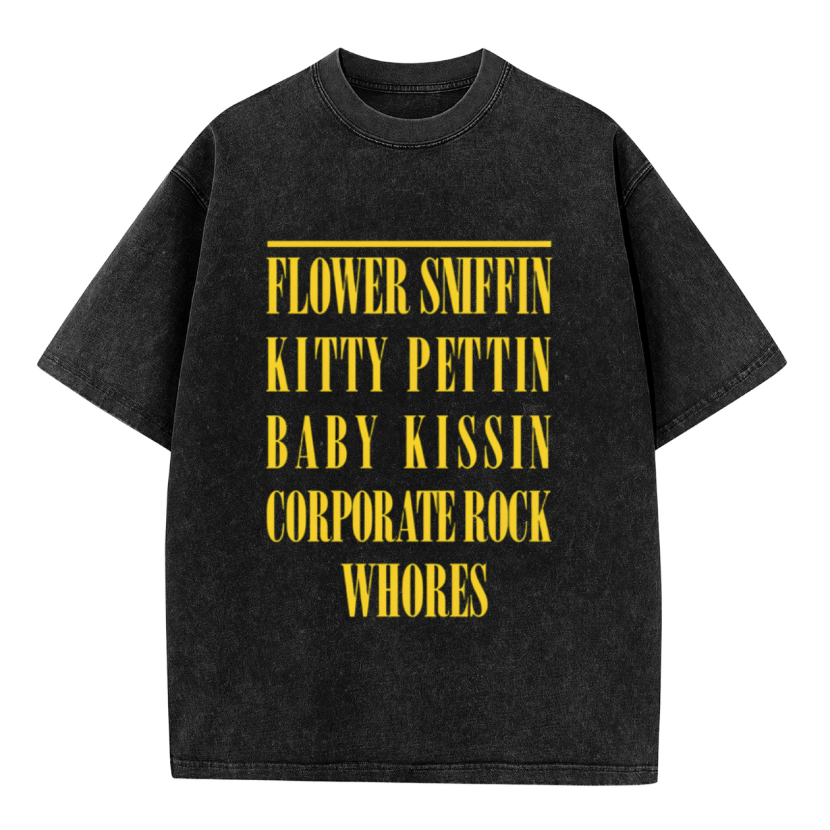 Nirvana Flower Sniffin Washed Graphic Tee in Black, product image showing the Flower Sniffin Kitty Pettin wording associated with a Corporate Rock quote design.