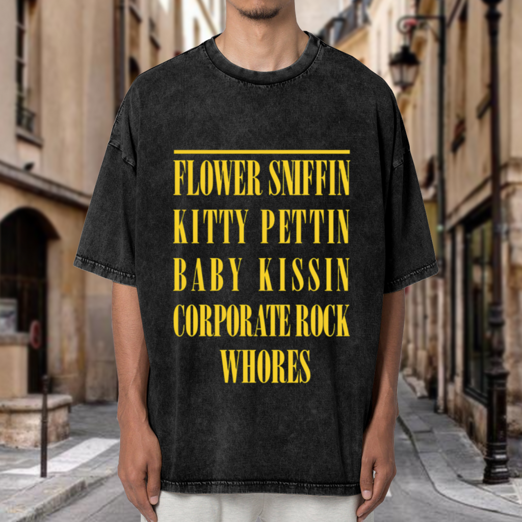 Nirvana Flower Sniffin Washed Graphic Tee in Black, product image showing the Flower Sniffin Kitty Pettin wording associated with a Corporate Rock quote design.