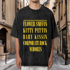 Nirvana Flower Sniffin Washed Graphic Tee in Black, product image showing the Flower Sniffin Kitty Pettin wording associated with a Corporate Rock quote design.