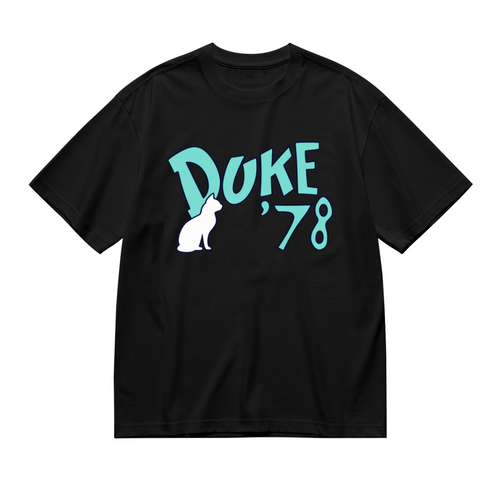 Front view of Grateful Dead Duke '78 cat graphic T-shirt on a black T-shirt