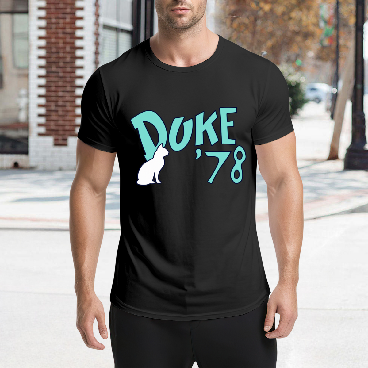 Graphic detail of Grateful Dead Duke '78 cat graphic T-shirt on a black T-shirt