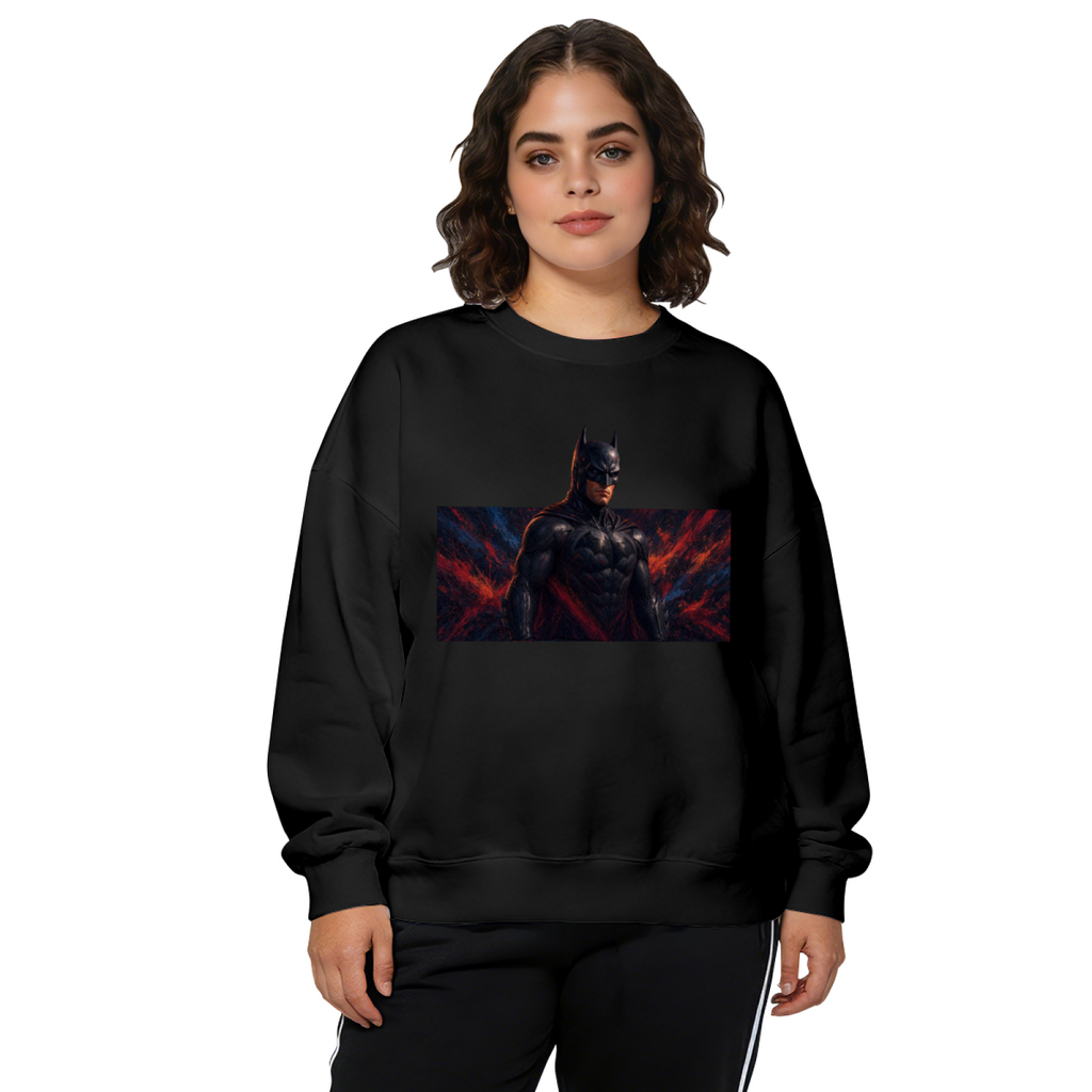 On-model product photo: women's crewneck sweatshirt bearing a dark armored figure in a wide portrait with ember-like accents