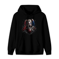 Men's hoodie photographed alone, with a pigtail portrait with a sly smile and rough-edged details on the front