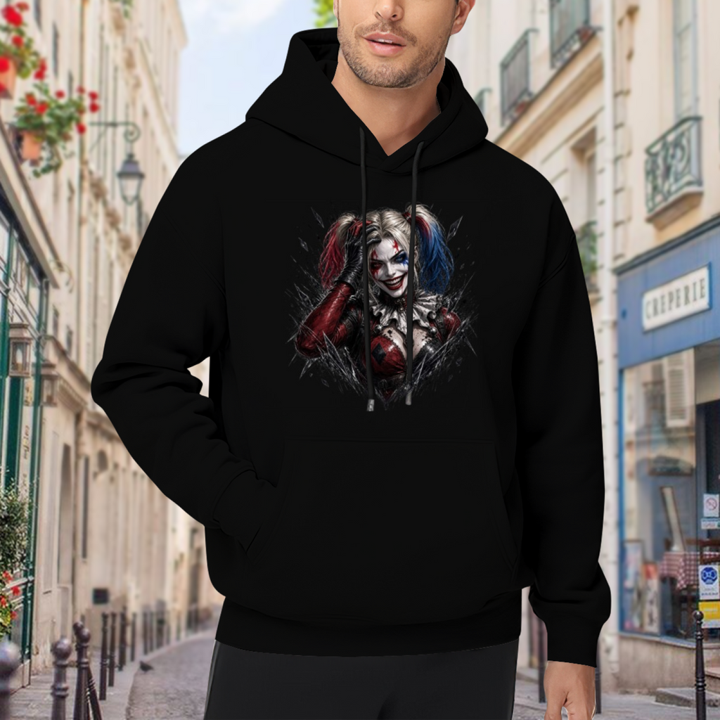 Lifestyle image outdoors: men's hoodie with a front graphic of a pigtail portrait with a sly smile and rough-edged details