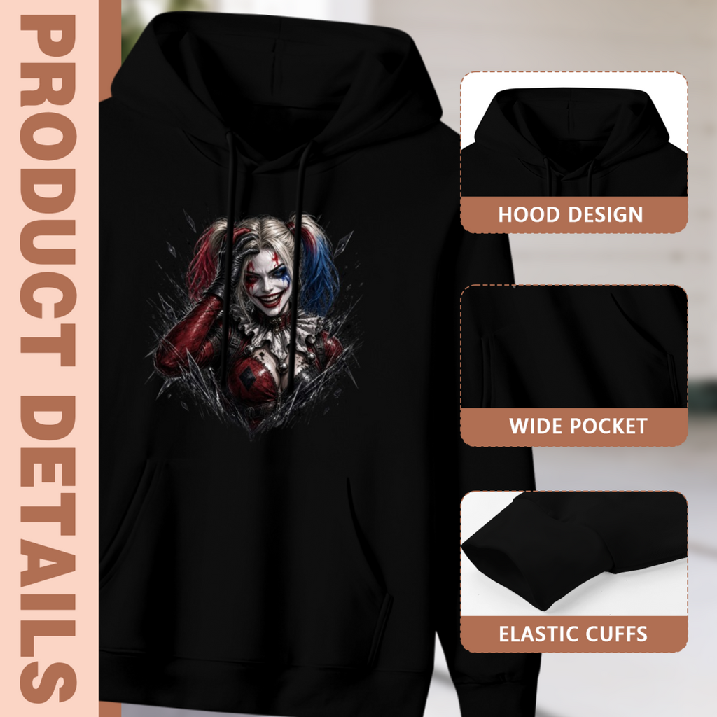 Feature collage for the men's Pigtail Grin in Ink hoodie: hood shape, pouch pocket and cuff finishing