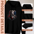 Feature collage for the men's Pigtail Grin in Ink hoodie: hood shape, pouch pocket and cuff finishing