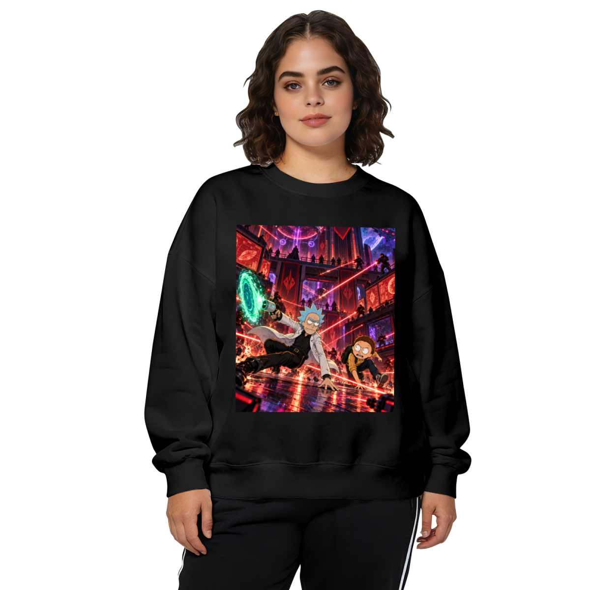 Front-facing model wearing a women's crewneck sweatshirt decorated with two cartoon figures running through a city filled with lasers