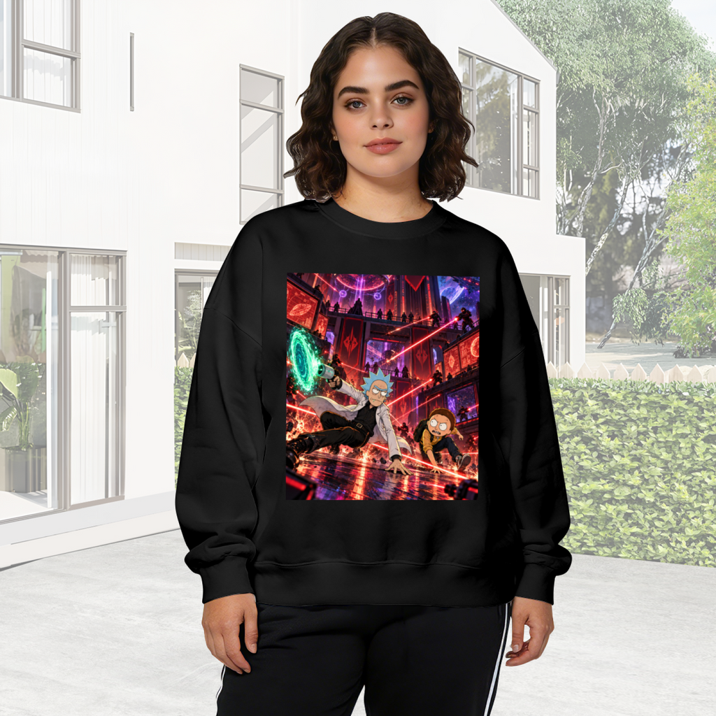 Outdoor photograph of a model in a women's crewneck sweatshirt bearing two cartoon figures running through a city filled with lasers