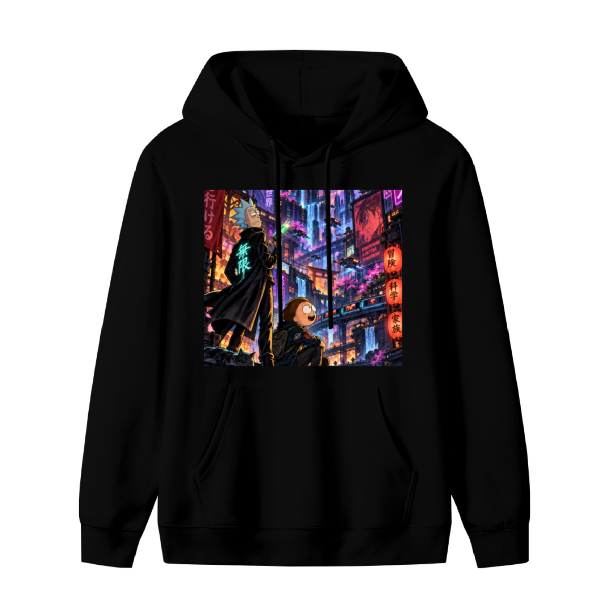 Unworn men's hoodie, front view of the design depicting two figures on a rooftop overlooking a glowing futuristic city