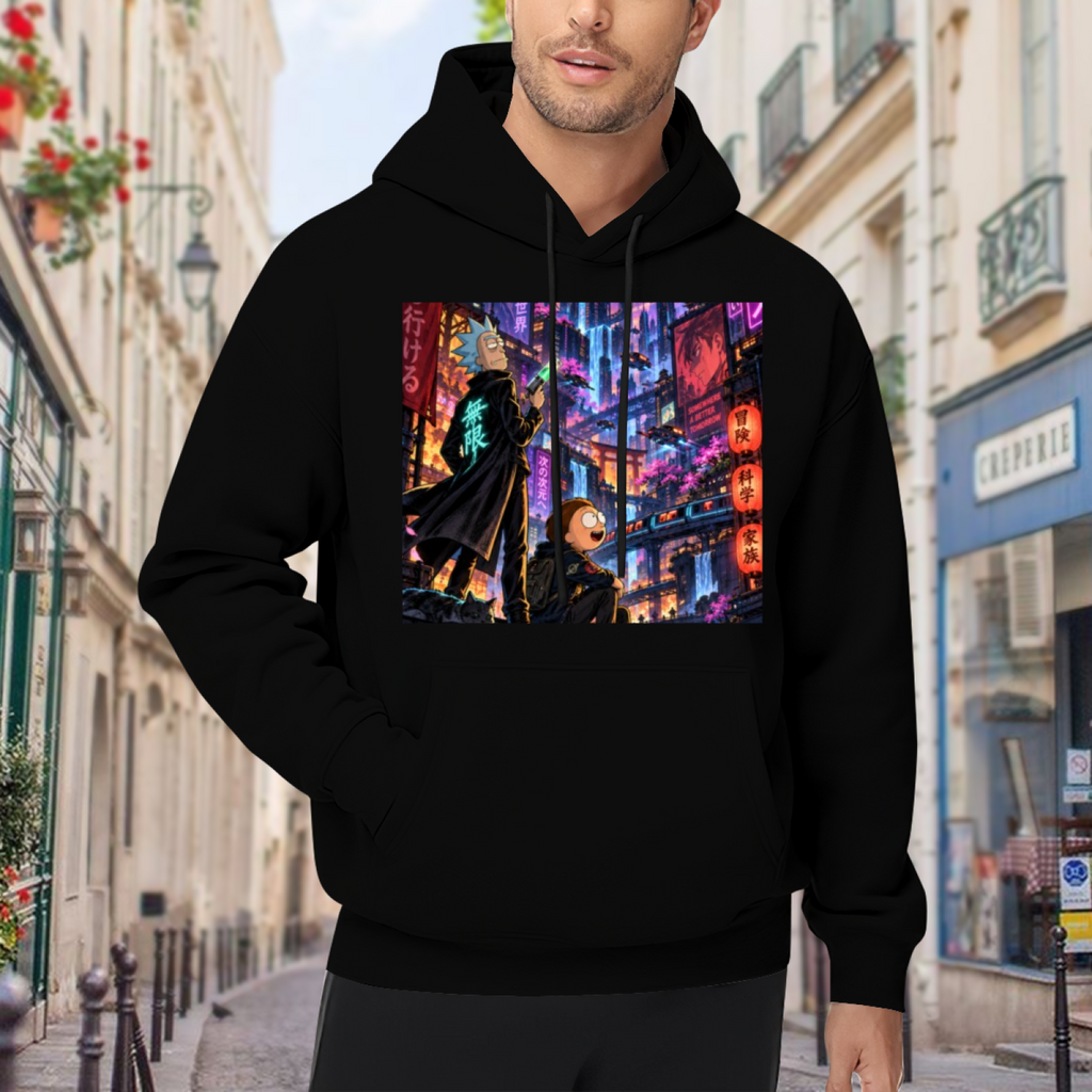 On-location model photograph displaying two figures on a rooftop overlooking a glowing futuristic city on the front of a men's hoodie