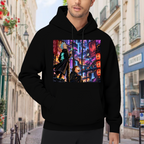 On-location model photograph displaying two figures on a rooftop overlooking a glowing futuristic city on the front of a men's hoodie