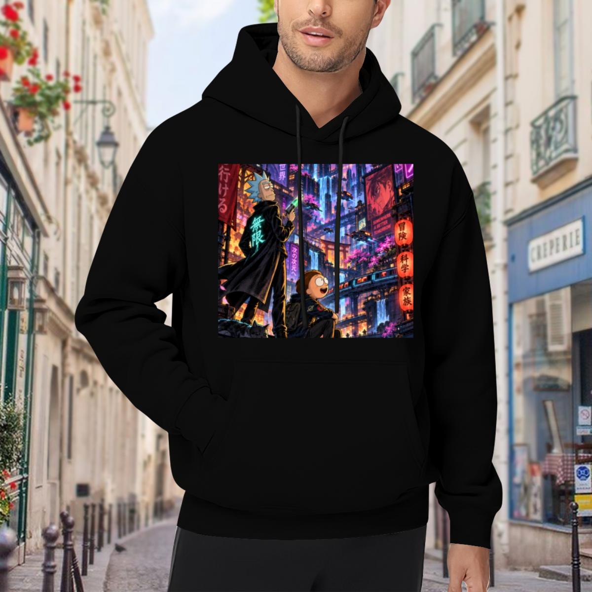 On-location model photograph displaying two figures on a rooftop overlooking a glowing futuristic city on the front of a men's hoodie