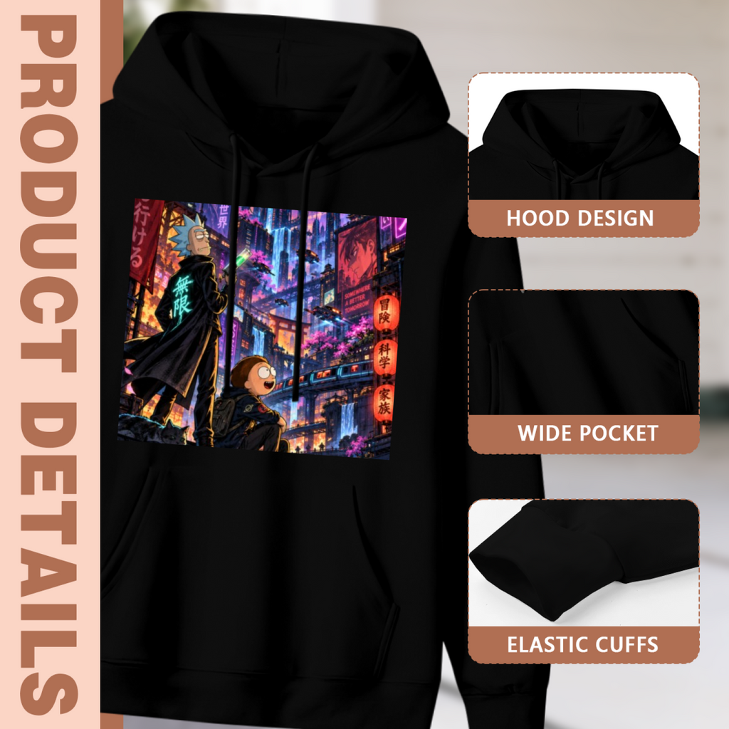 Garment and inset detail views for the men's Neon Rooftop Survey hoodie, highlighting the hood, pocket opening and cuffs