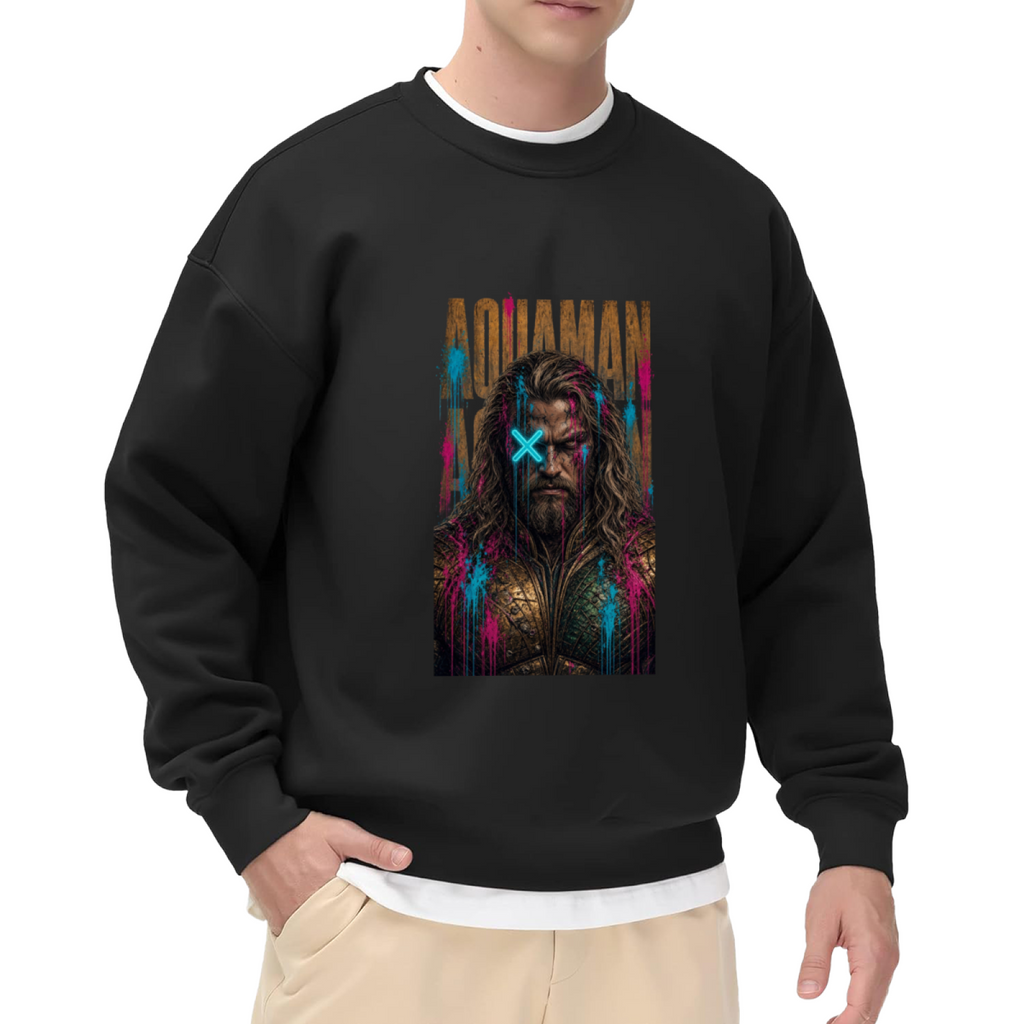 On-model product photo: men's crewneck sweatshirt bearing a tall bearded graffiti portrait with a cyan X across the eyes