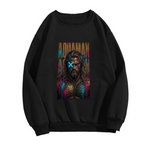 Men's crewneck sweatshirt photographed alone, with a tall bearded graffiti portrait with a cyan X across the eyes on the front