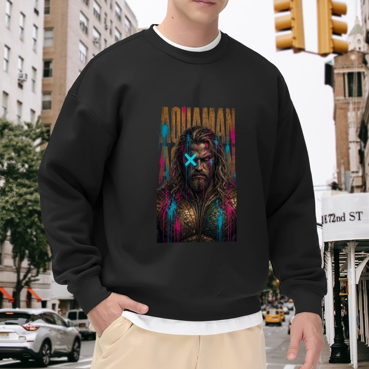 Lifestyle image outdoors: men's crewneck sweatshirt with a front graphic of a tall bearded graffiti portrait with a cyan X across the eyes