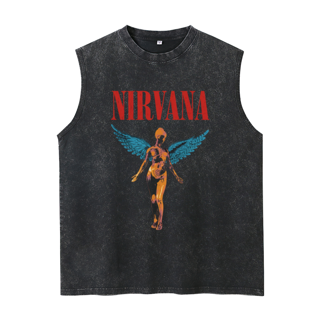 Nirvana In Utero Blue Wings Unisex Washed Tank Top — product image showing the an In Utero-inspired angel graphic with blue wings design