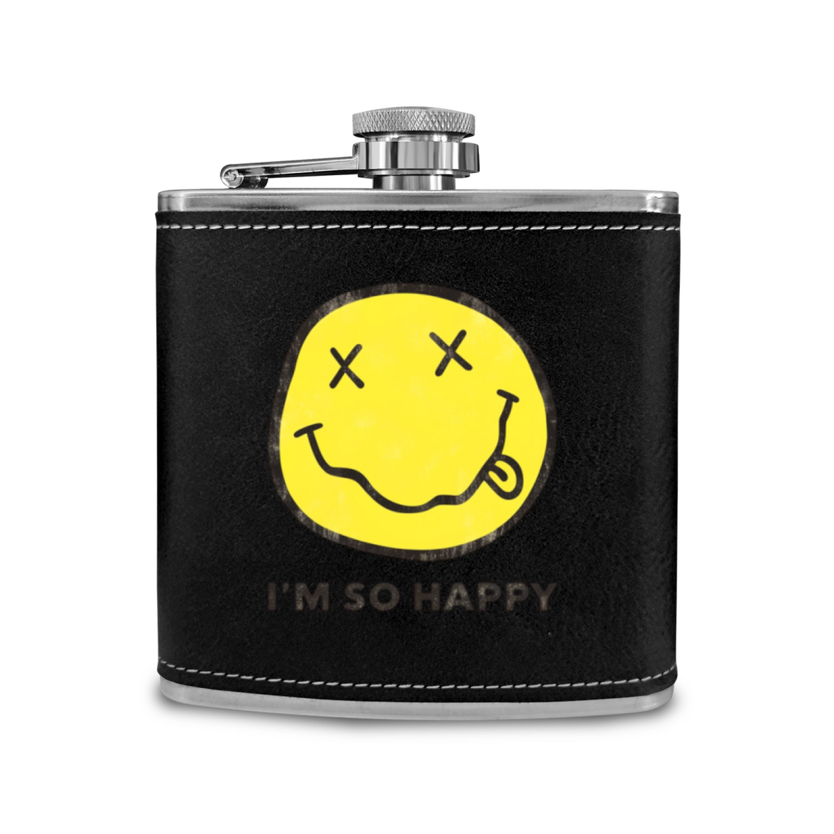 Nirvana I’m So Happy 6oz vintage-style stainless steel hip flask product image