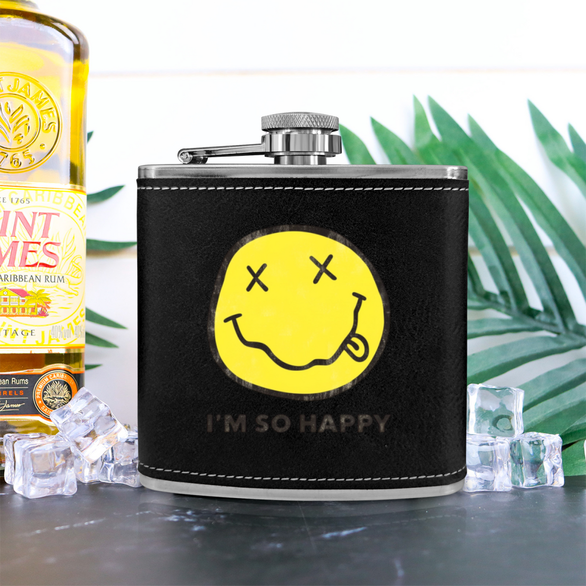 Nirvana I’m So Happy 6oz vintage-style stainless steel hip flask product image