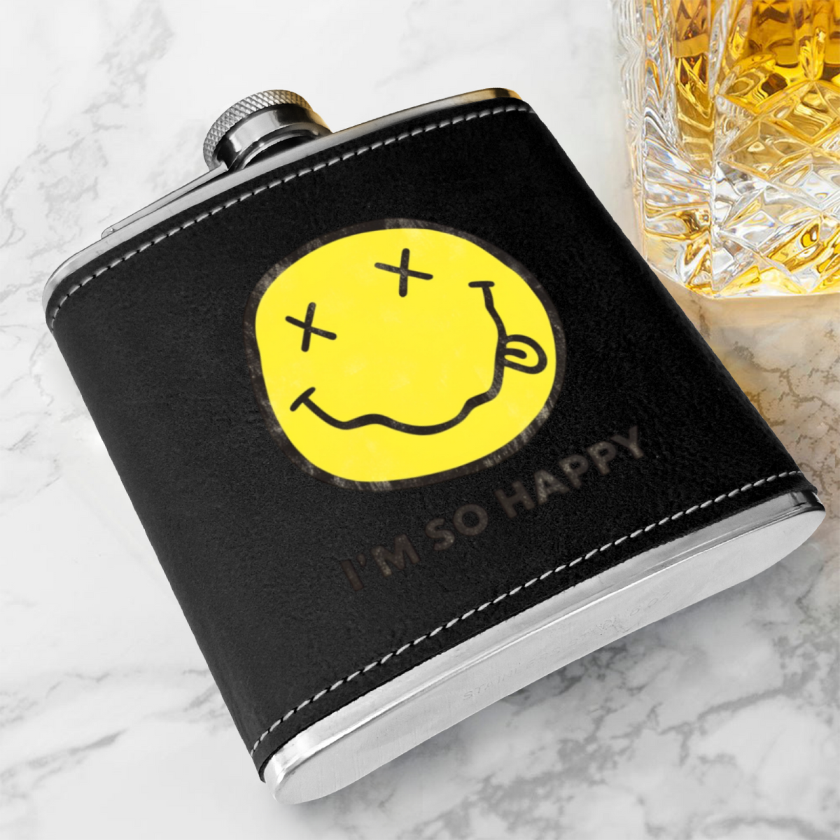 Nirvana I’m So Happy 6oz vintage-style stainless steel hip flask product image