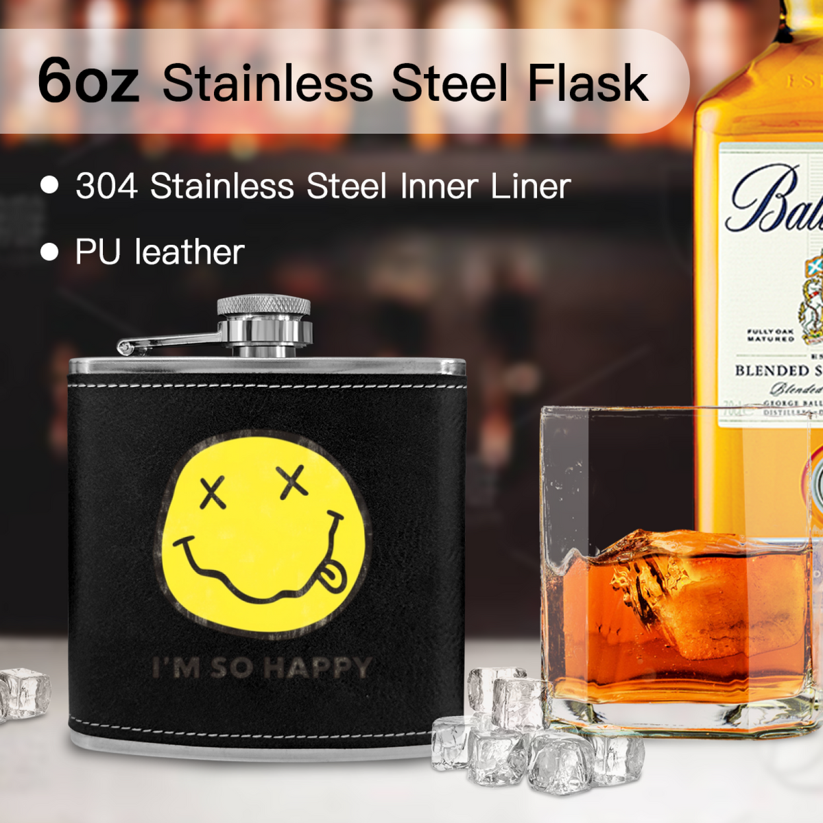 Nirvana I’m So Happy 6oz vintage-style stainless steel hip flask product image