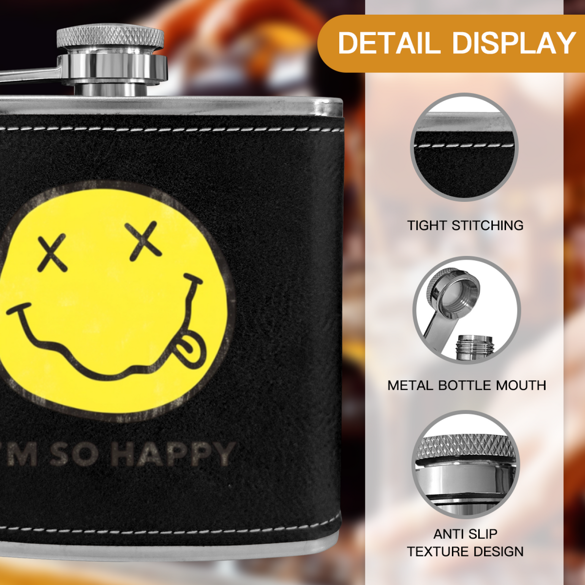 Nirvana I’m So Happy 6oz vintage-style stainless steel hip flask product image