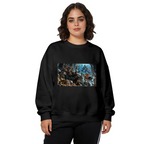 Women's crewneck sweatshirt seen on a model, its front graphic depicting a feline court in an icy throne hall with elaborate frozen architecture