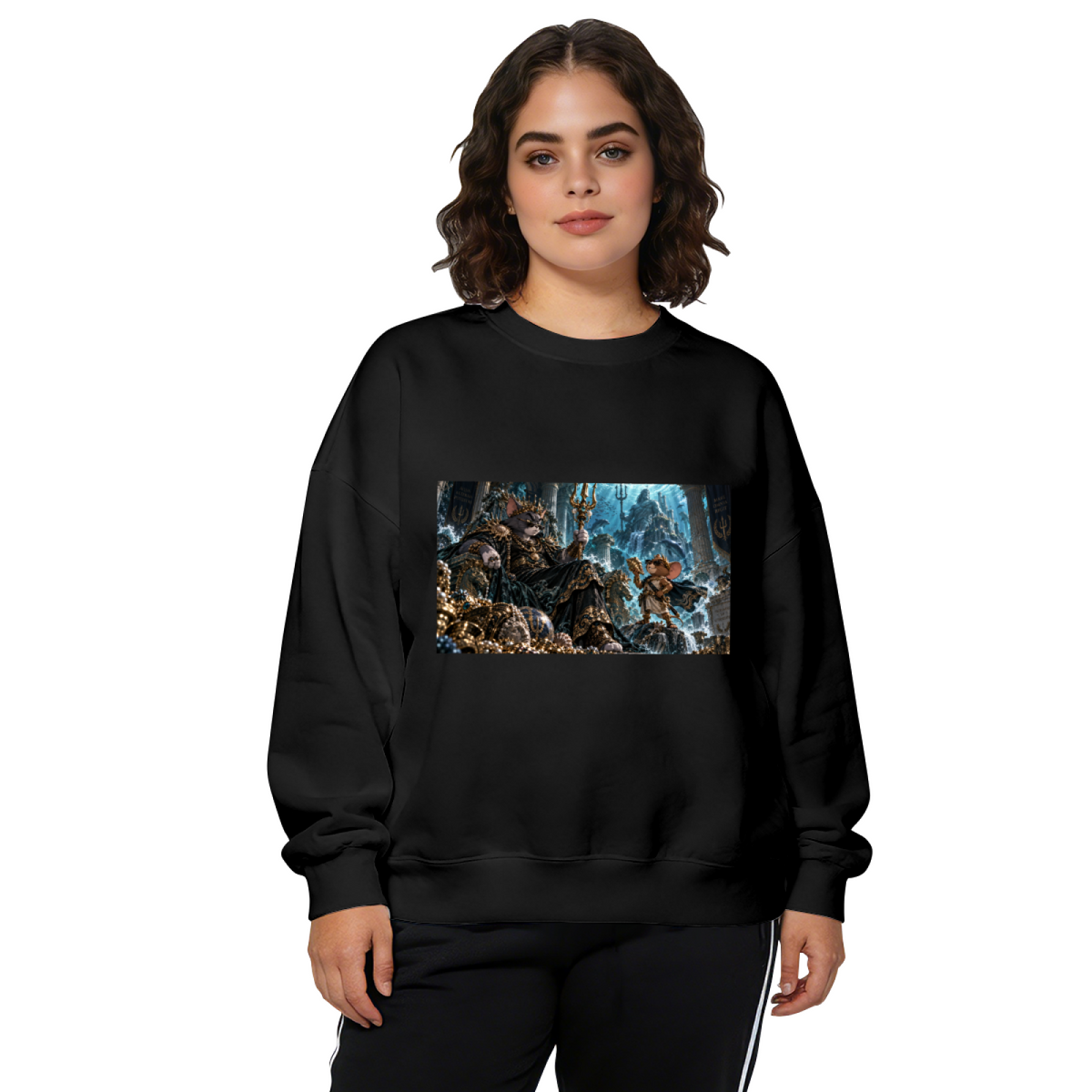Women's crewneck sweatshirt seen on a model, its front graphic depicting a feline court in an icy throne hall with elaborate frozen architecture