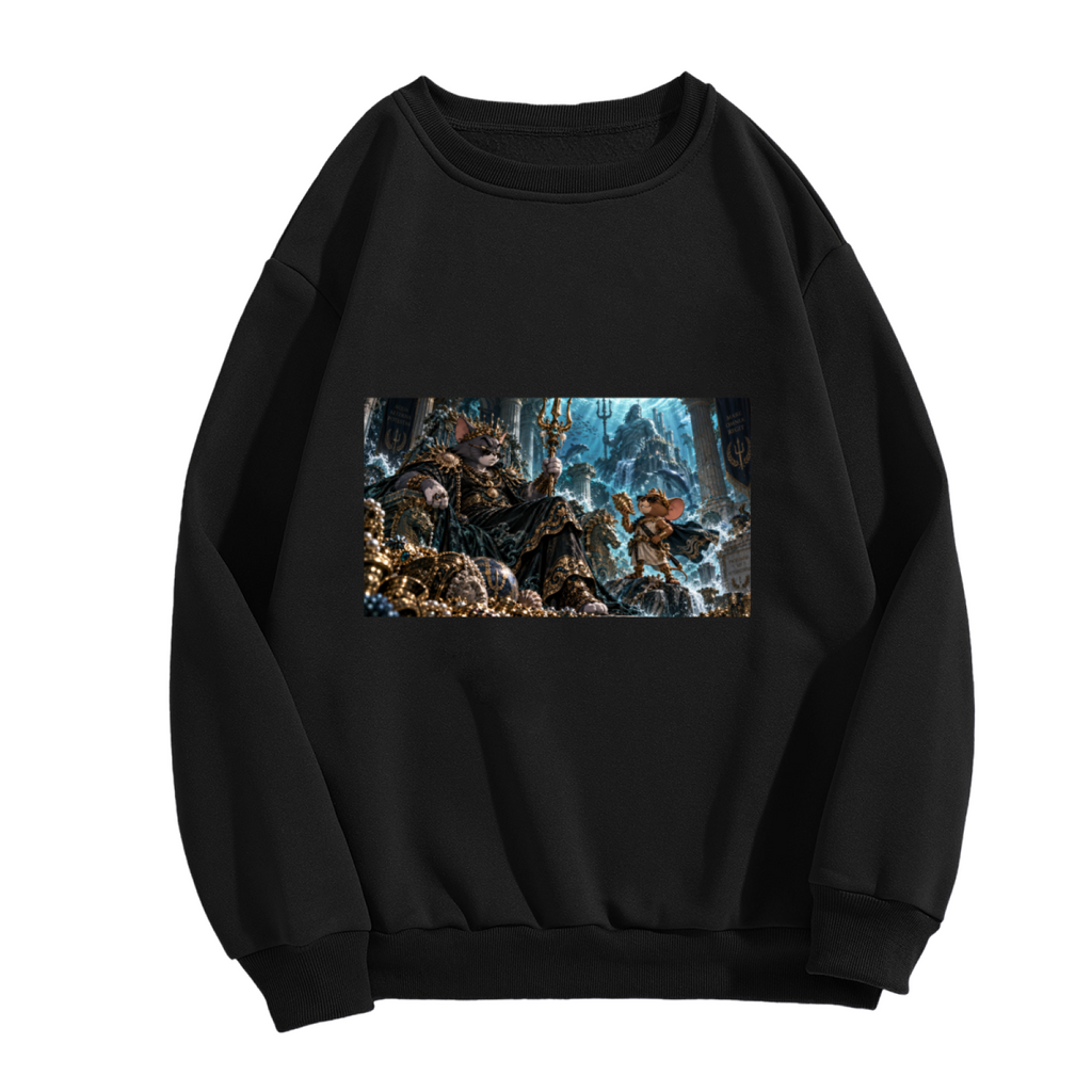 Front garment photograph: women's crewneck sweatshirt decorated with a feline court in an icy throne hall with elaborate frozen architecture
