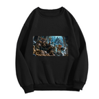 Front garment photograph: women's crewneck sweatshirt decorated with a feline court in an icy throne hall with elaborate frozen architecture