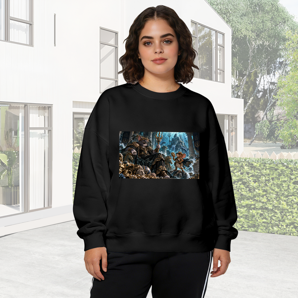A feline court in an icy throne hall with elaborate frozen architecture visible on a women's crewneck sweatshirt in an outdoor front model view
