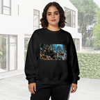 A feline court in an icy throne hall with elaborate frozen architecture visible on a women's crewneck sweatshirt in an outdoor front model view